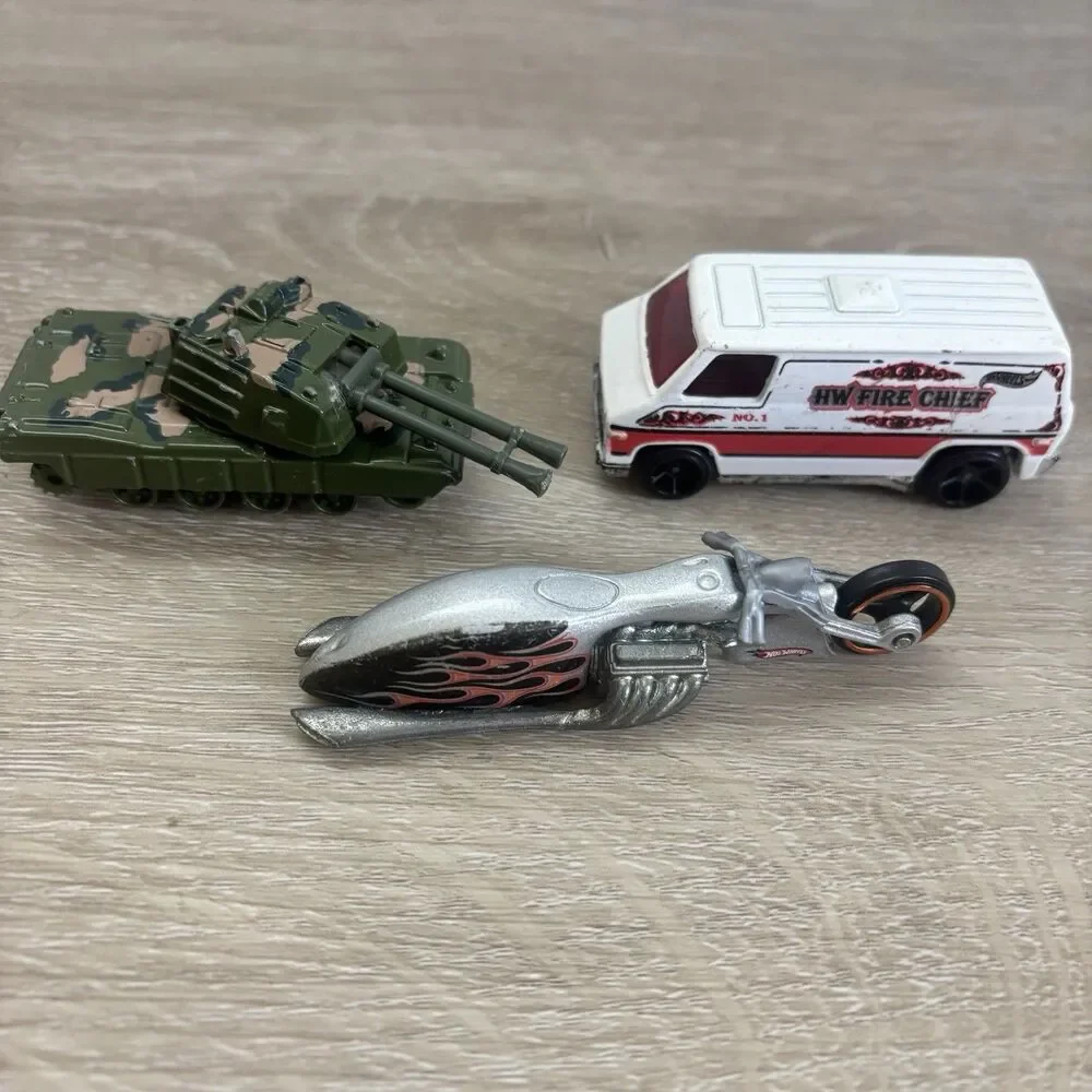 Hot Wheels Lot of 3: Fire Chief Van, Flame Motorcycle & Military Tan